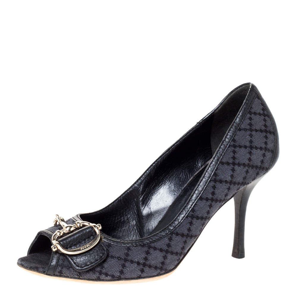 مملوكة مسبقًا حذاء كعب غوتشى مقدمة مفتوحة هورسيبت كانفاس ديامانت أسود مقاس 37