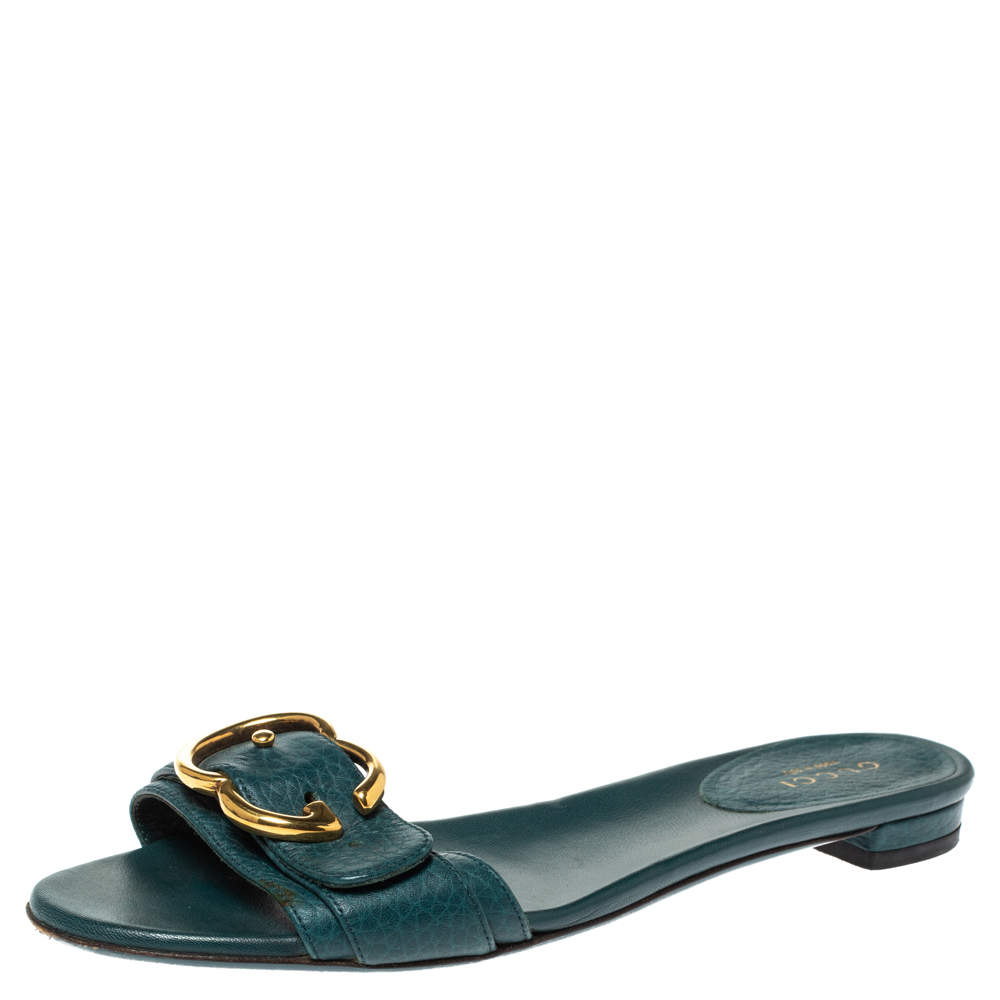 Gucci Green Leather Sachalin Buckle Detail Flat Slides Size 35.5