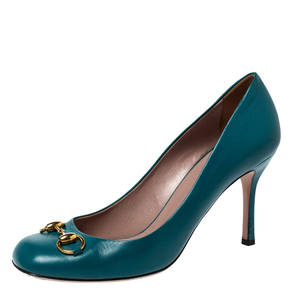 Pre Owned حذاء كعب عالي غوتشي جولين هورسبيت جلد تركواز مقاس 40