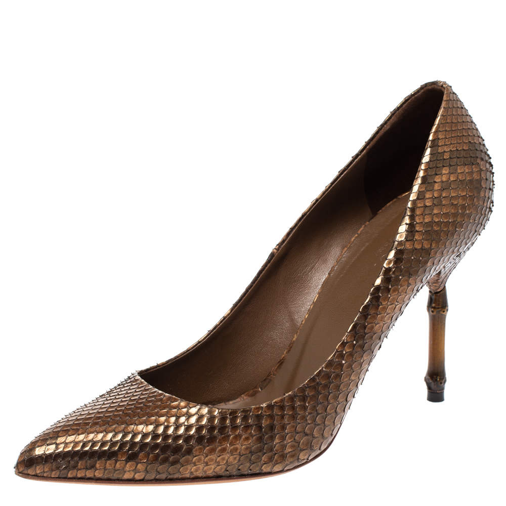 مملوكة مسبقًا حذاء كعب عالي غوتشي مقدمة مدببة جلد ثعبان بنى ممقاس 39.5