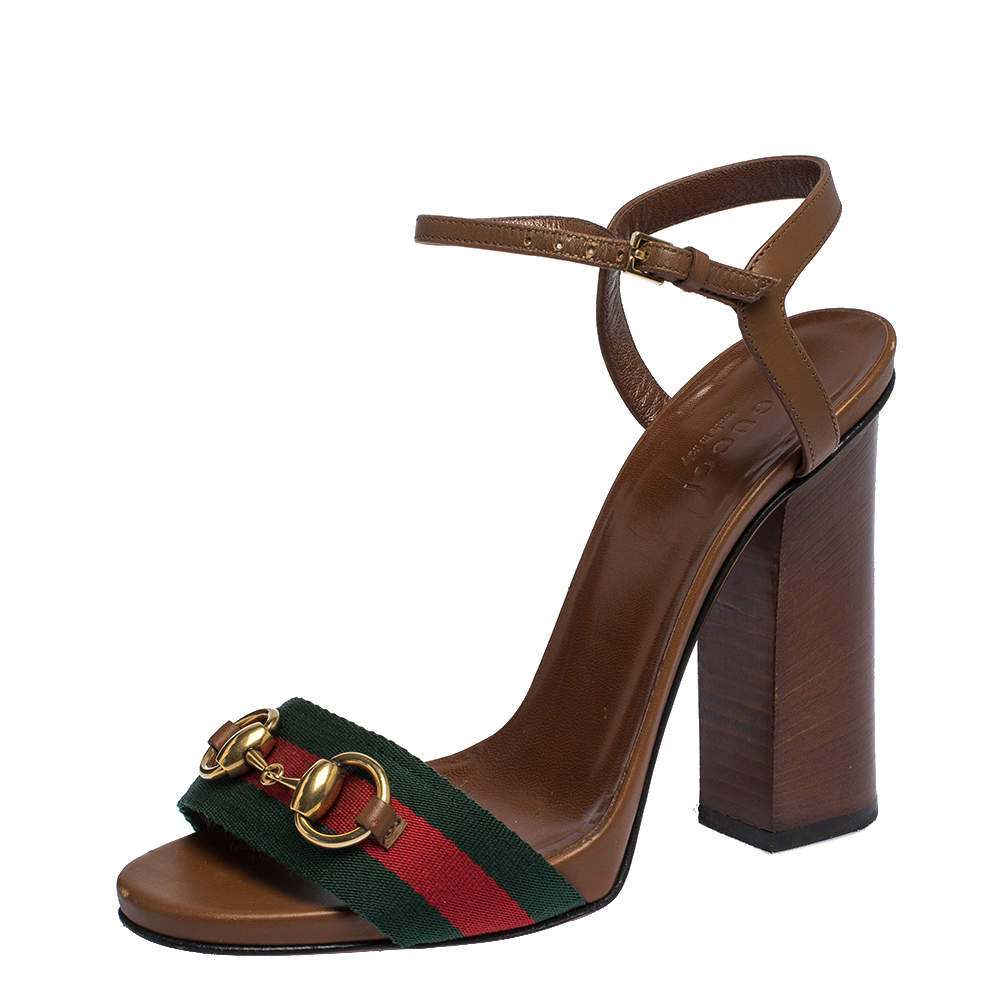 Gucci Brown Leather Horsebit Web Ankle Strap Sandals Size 36.5 Gucci ...