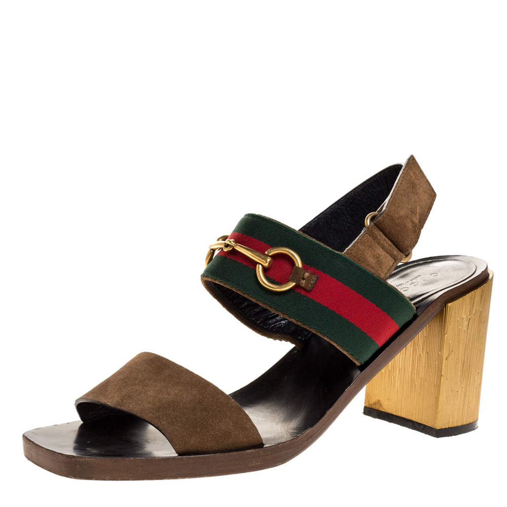 Pre Owned صندل غوتشي فتحة كعب و مزين ويب هورسبيت و كعب سميك سويدي بني مقاس 40.5