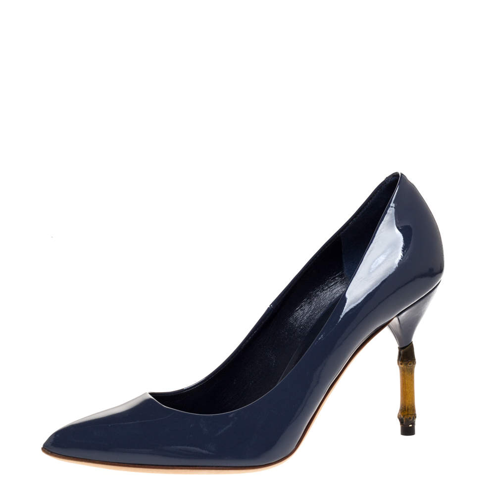 مملوكة مسبقًا Gucci Blue Patent Leather Kristen Bamboo Heel Pointed Toe Pumps Size 38.5