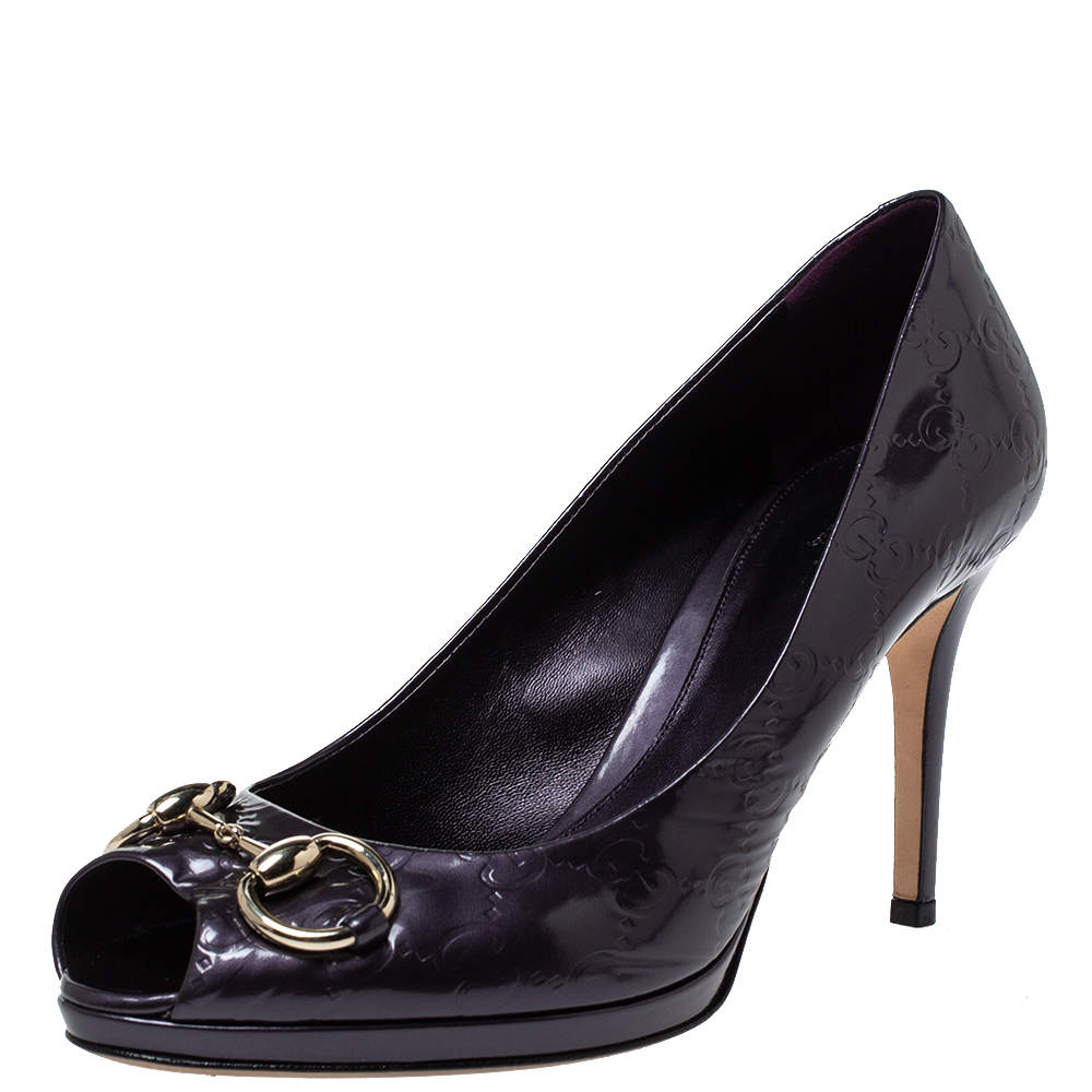 Gucci Black Purple Patent Leather Horsebit Peep Toe Pumps Size 39