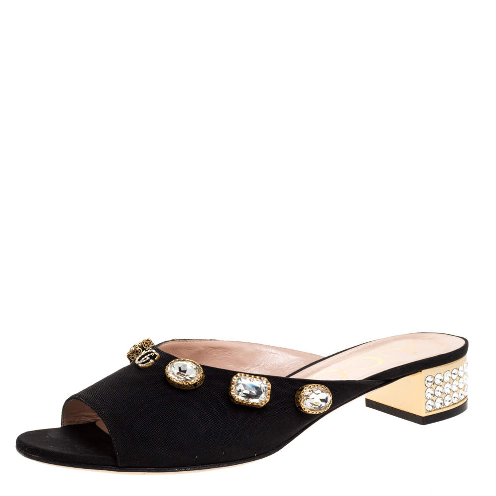 Pre Owned Gucci Black Moire Fabric Embellished Slide Open Toe Mules Size 40.5