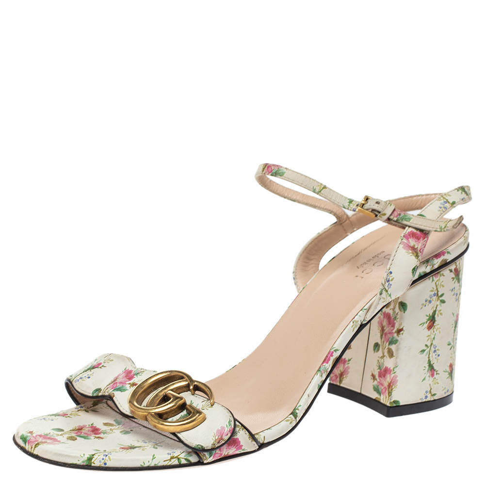 Gucci Multicolor Floral Print Leather GG Marmont Ankle Strap Sandals ...