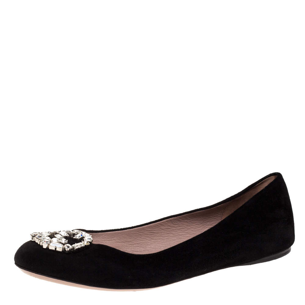 مملوكة مسبقًا Gucci Black Suede Crystal GG Ballet Flats Size 39.5