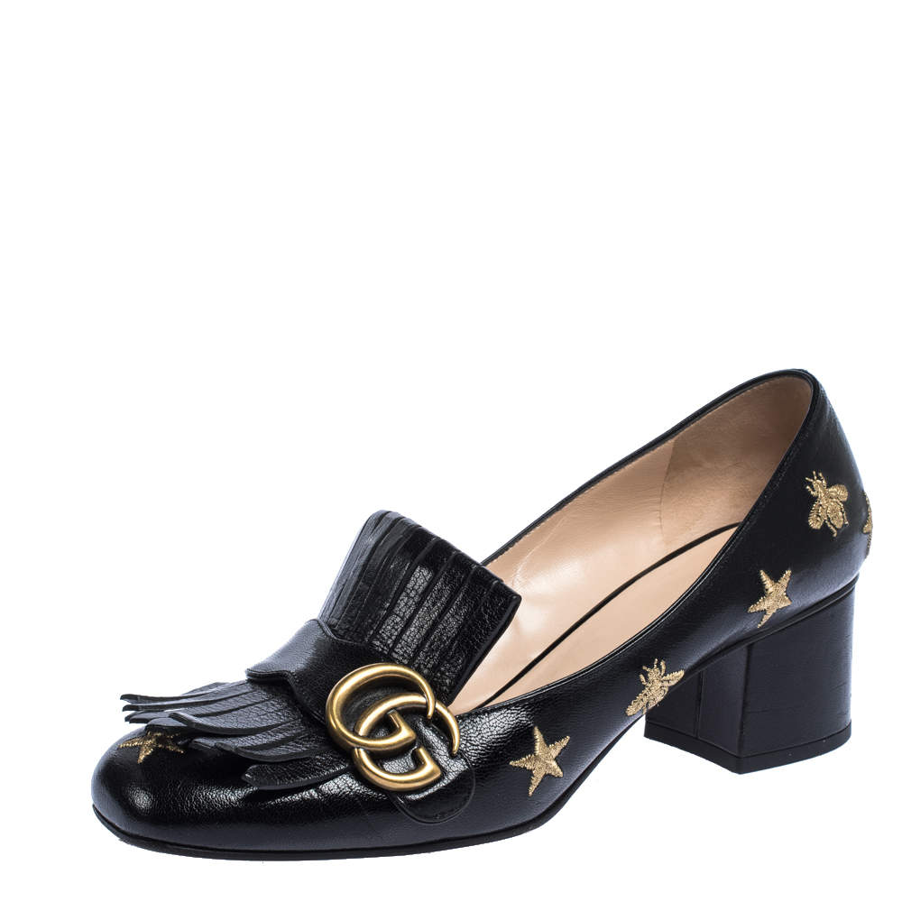 Pre Owned حذاء فلات غوتشى حزام شراشيب مارمونت جى جى جلد مطرز أسود مقاس 39