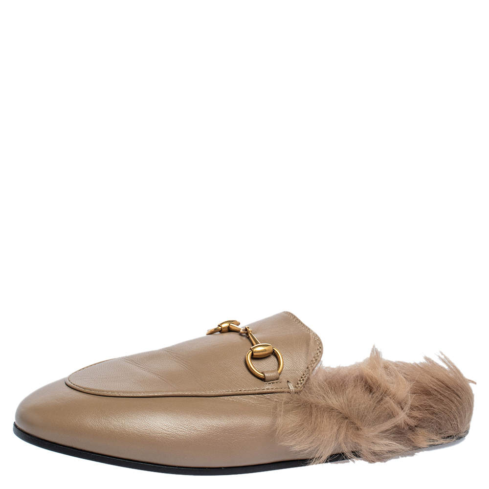 Pre Owned Gucci Grey Leather And Fur Princetown Flat Mules Size 36