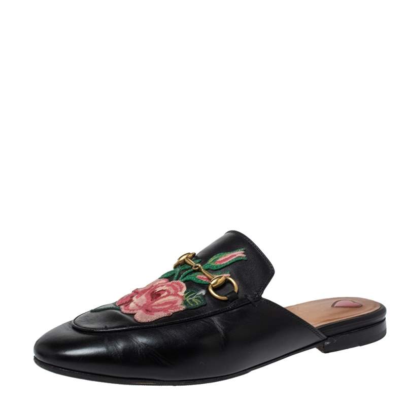 Pre Owned Gucci Black Leather Princetown Flower Embroidered Flat Mules Size 38.5