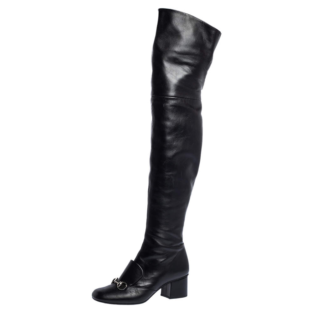 Pre Owned Gucci Black Leather Horsebit Over the Knee Boots Size 37.5