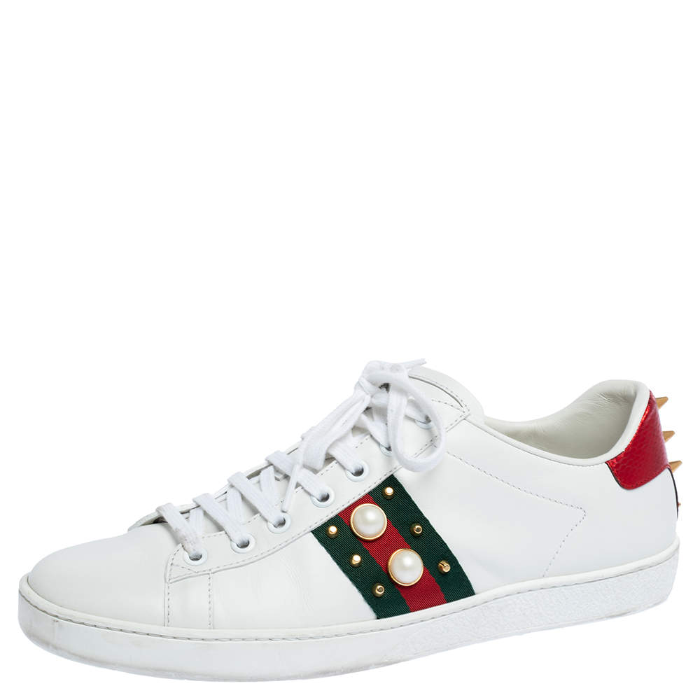 Gucci White Leather Web Detail New Ace Faux Pearl Embellished Low Top ...