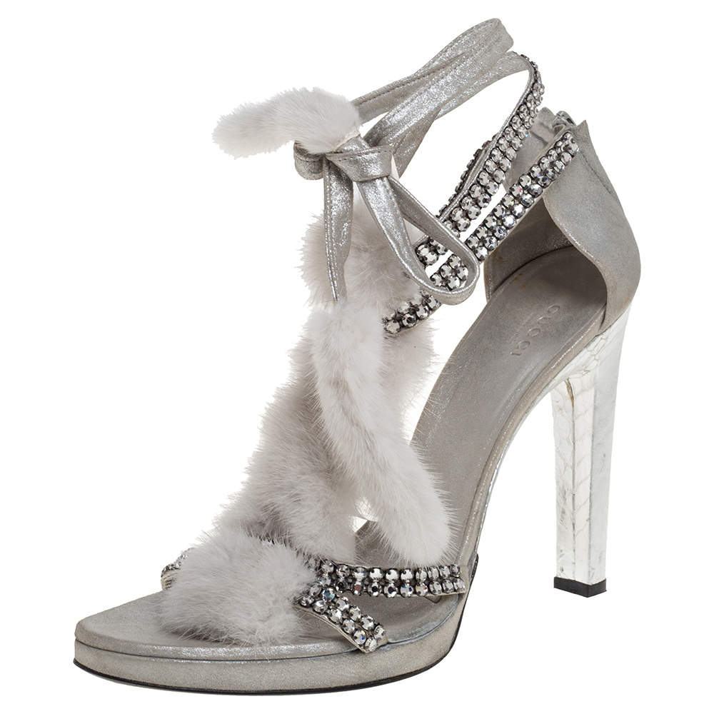 Tom Ford For Gucci Silver Leather And Mink Fur Strappy Ankle Wrap Sandals  Size  Gucci | TLC