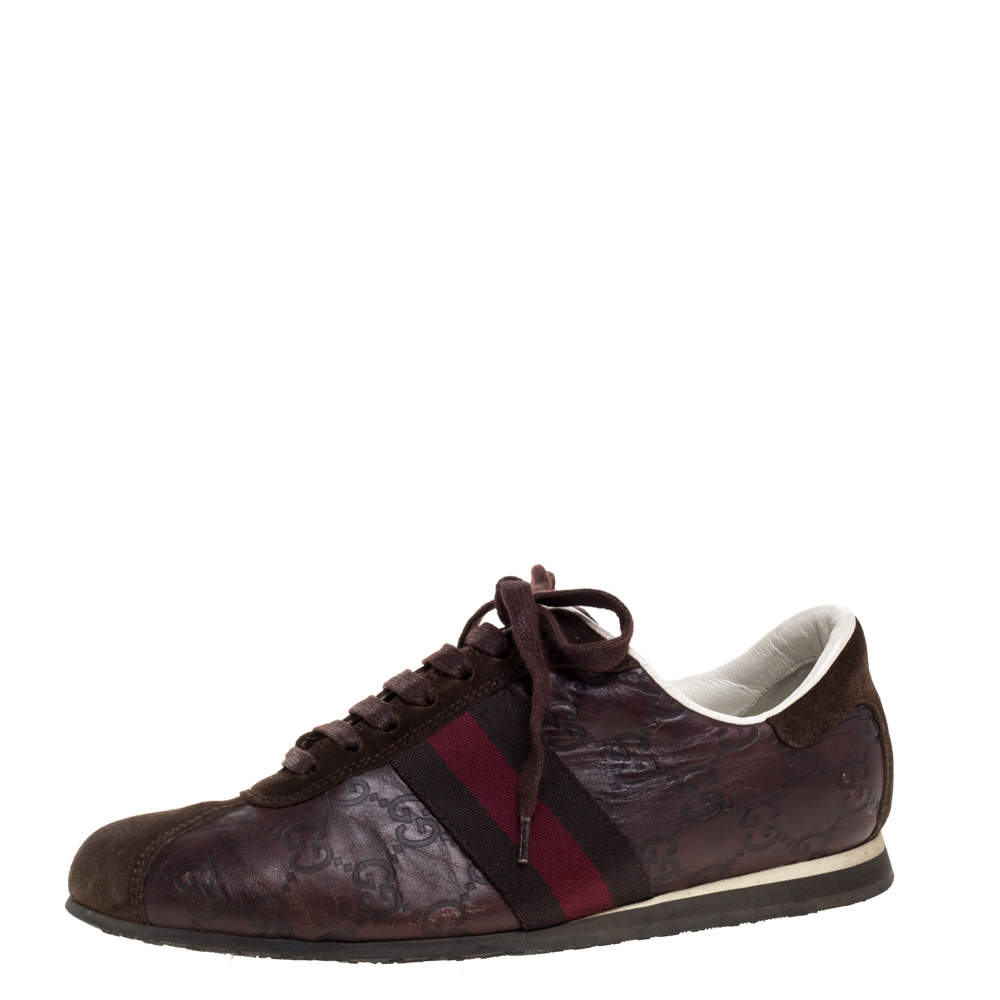 Gucci Brown Guccissima Leather and Suede 'Icon' Web Lace Up Sneakers Size 36.5