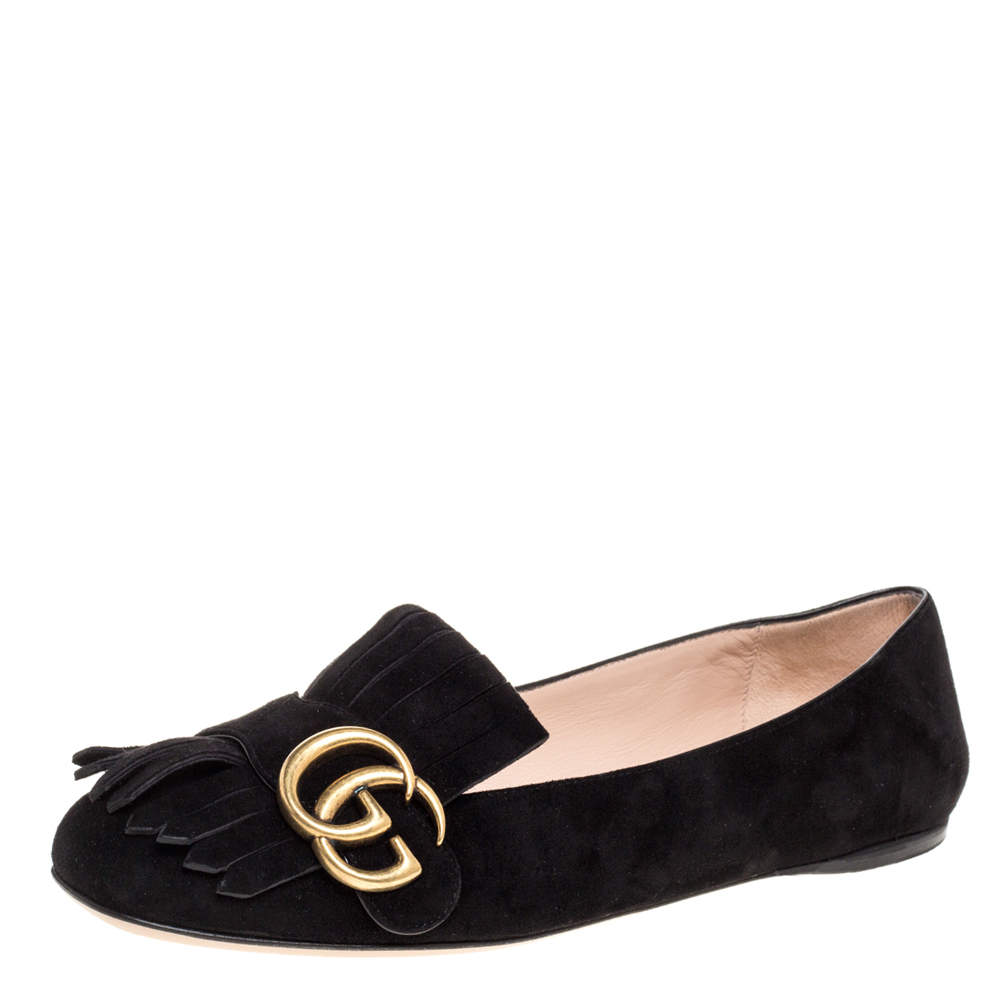 مملوكة مسبقًا Gucci Black Suede Leather GG Marmont Fringe Detail Ballet Flats Size 36.5
