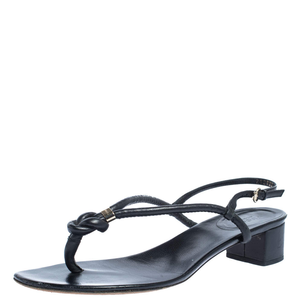 Gucci Black Leather Block Heel Ankle Strap Thong Sandals Size 41