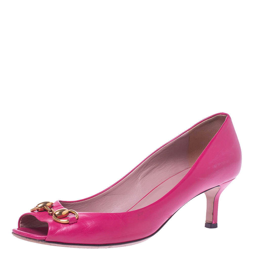 Gucci Fuschia Pink Leather Horsebit Peep Toe Pumps Size 39