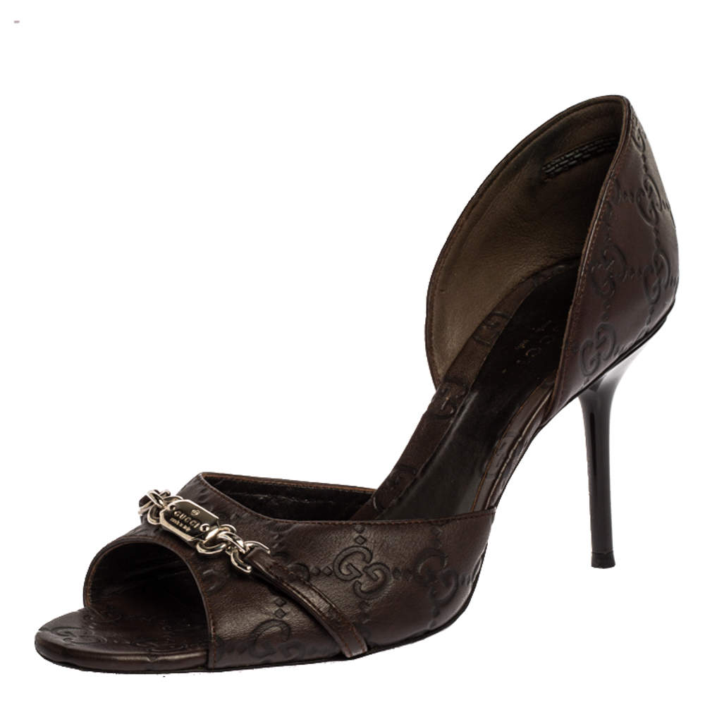 مملوكة مسبقًا Gucci Brown Guccissima Leather Horsebit D'orsay Peep Toe Pumps Size 37