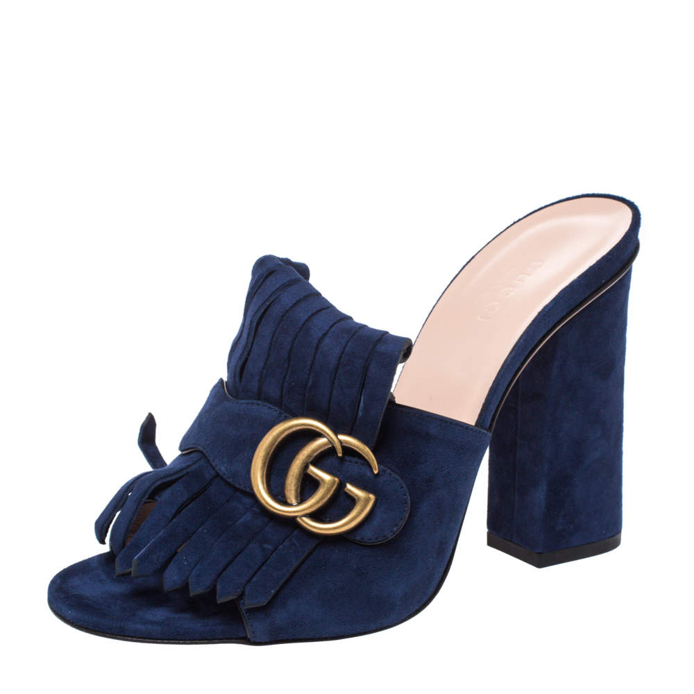 Gucci Navy Blue Suede GG Marmont Fringed Slide Sandals Size 38 Gucci | TLC