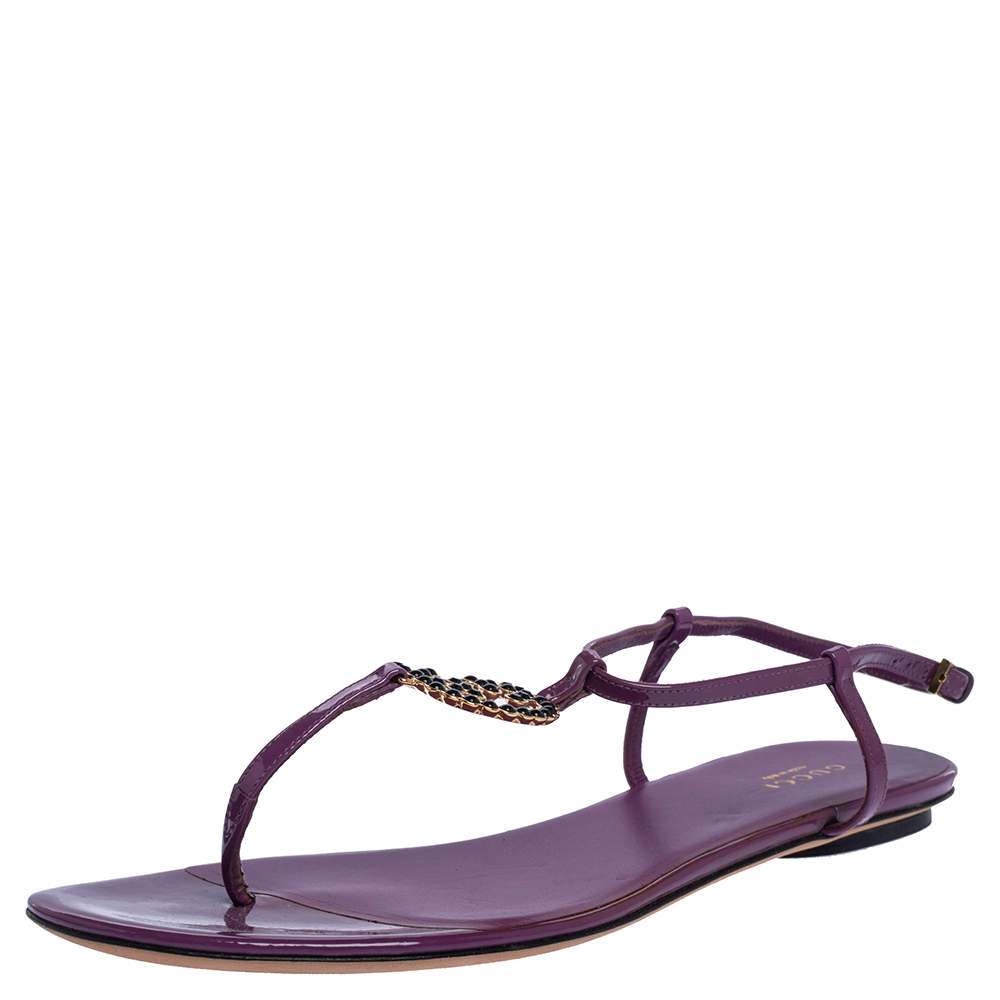 Pre Owned Gucci Purple Patent Leather GG Interlocking Ankle Strap Flat Sandals Size 39