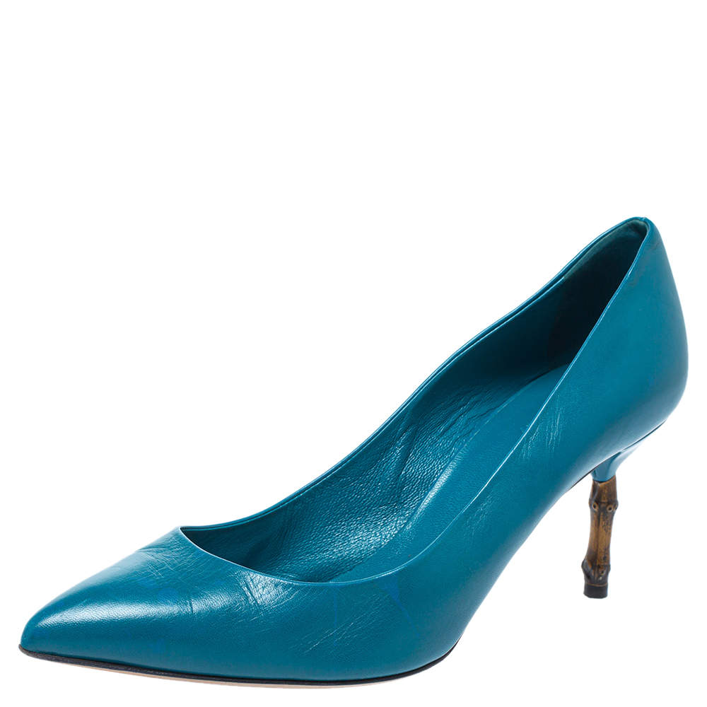 Gucci Blue Leather Kristen Bamboo Heel Pointed Toe Pumps Size 38