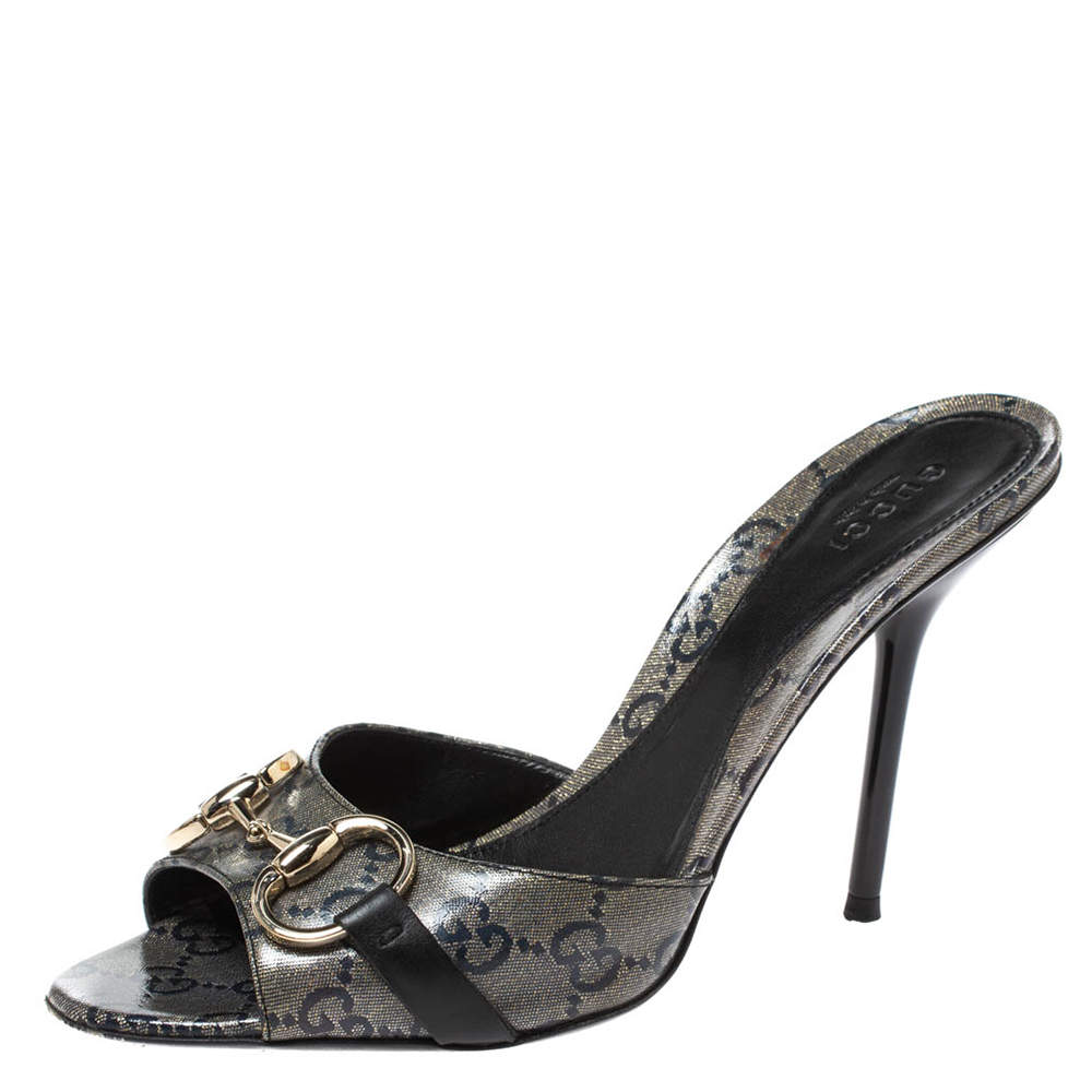 Pre Owned Gucci Navy Blue GG Crystal Canvas Horsebit Open Toe Sandals Size 37