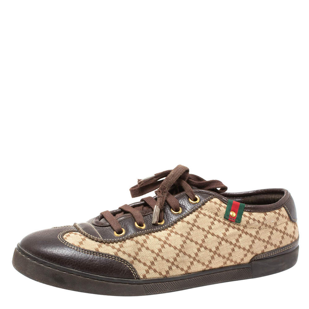 مملوكة مسبقًا حذاء رياضي غوتشي طراز منخفض من أعلى جلد و كانفاس ديامنت بني و بيج مقاس 39