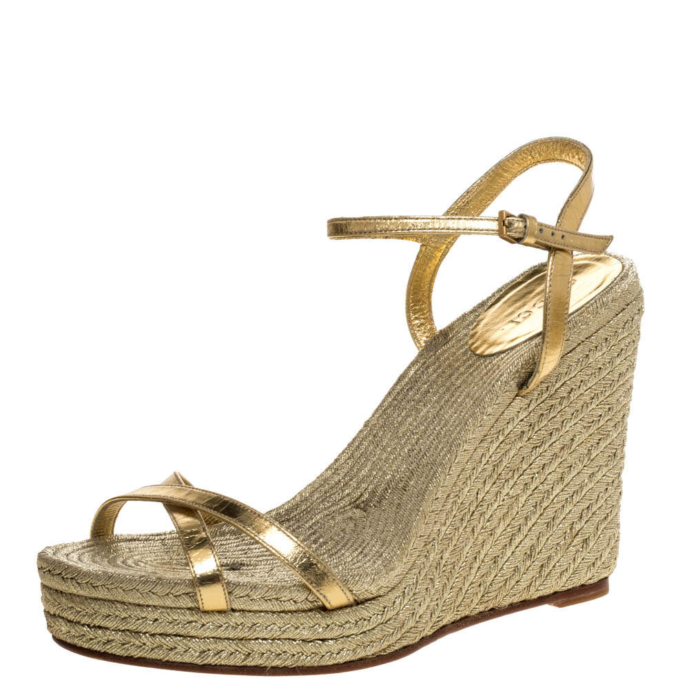 Pre Owned Gucci Gold Metallic Raffia And Leather Lia Espadrille Wedges Size 38
