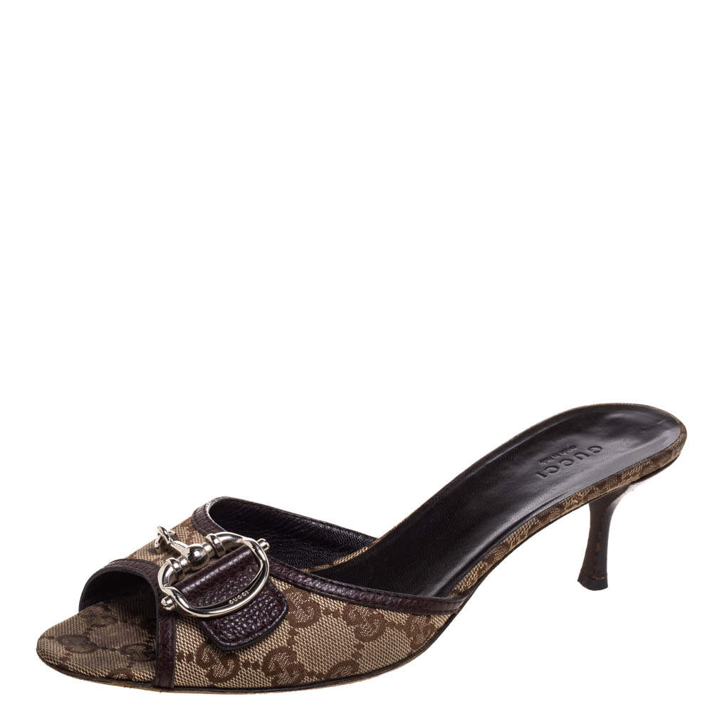 Pre Owned Gucci Beige/Brown GG Canvas And Leather 'Icon Bit' Slide Sandals Size 39.5