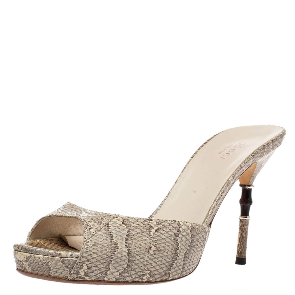 Gucci White/Grey Snakeskin Bamboo Heel Platform Sandals Size 38.5