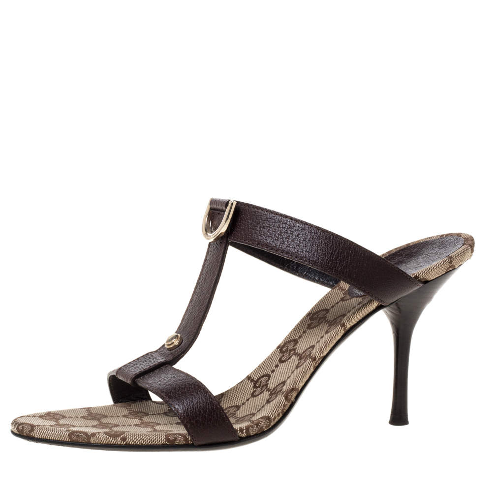 Pre Owned Gucci Brown Leather T-Strap Slide Sandals Size 40.5