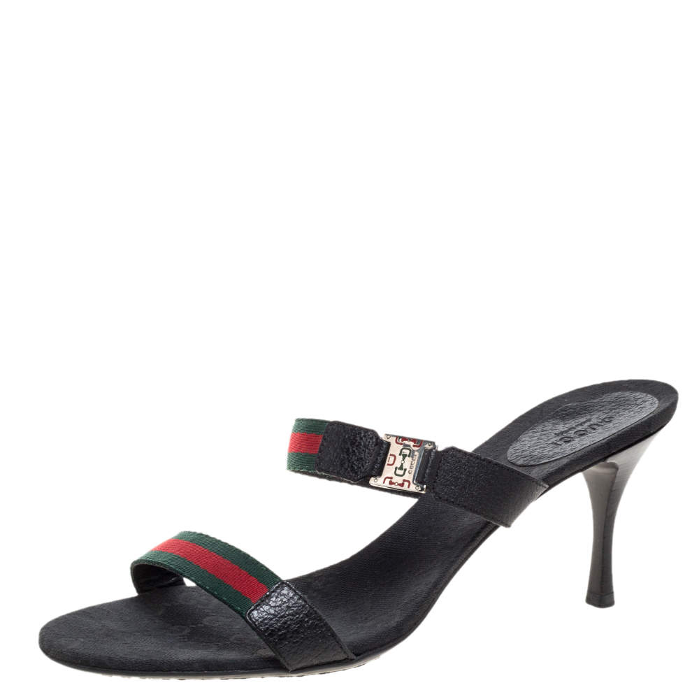 Pre Owned Gucci Black Leather And Web Canvas Buckle Detail Slide Sandals Size 41