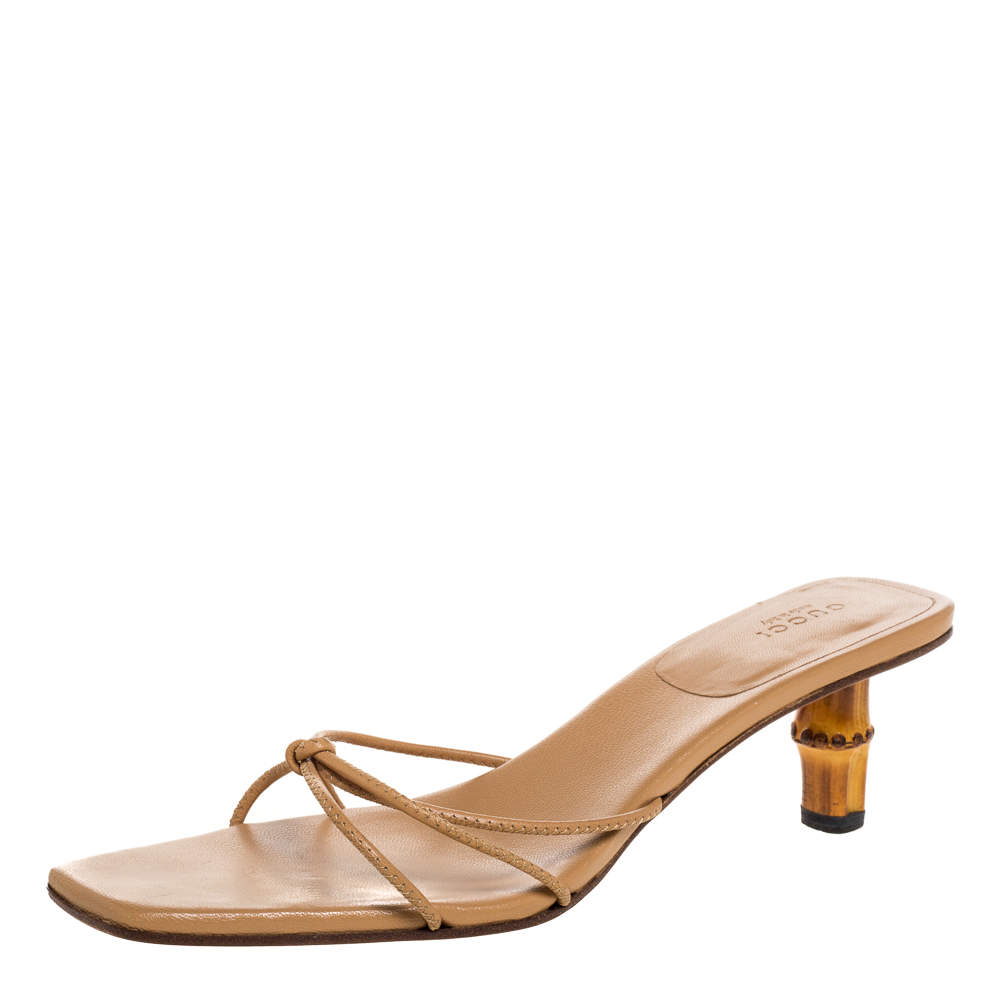 مملوكة مسبقًا Gucci Beige Leather Bamboo Heel Square Toe Slide Sandals Size 41