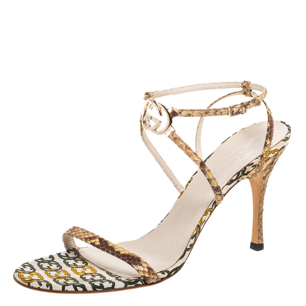 مملوكة مسبقًا Gucci Brown/Cream Python Leather Interlocking GG Ankle Strap Sandals Size 41