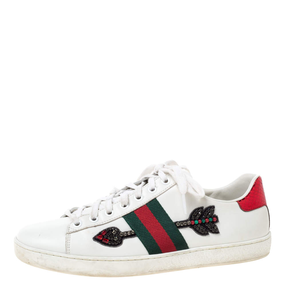 Gucci White Leather Ace Web Embellished Low Top Sneakers Size 39