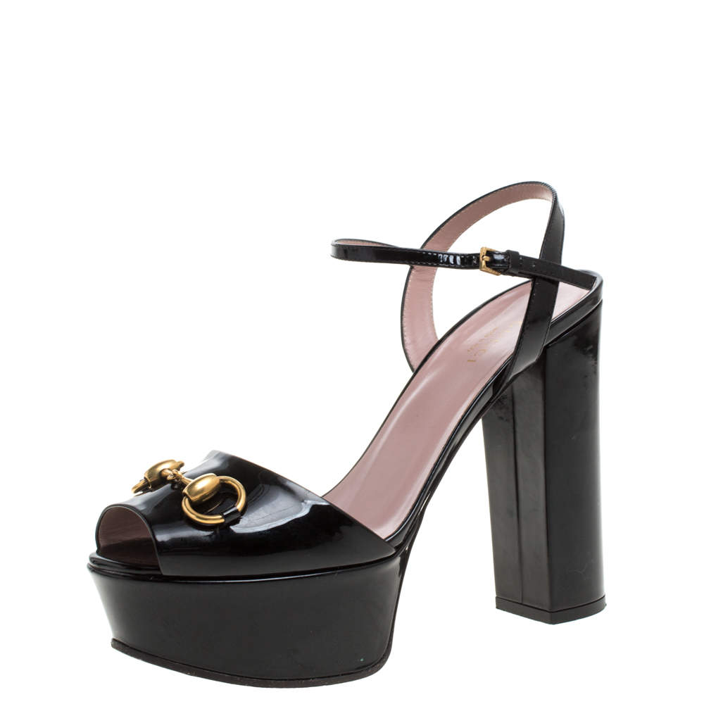 Gucci Black Patent Leather Claudie Horsebit Peep Toe Platform Sandals ...