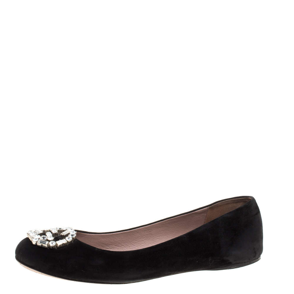حذاء باليرينا فلات غوتشي شعار الماركة مزين جي جي كريستال جلد و سويدي أسود مقاس 39