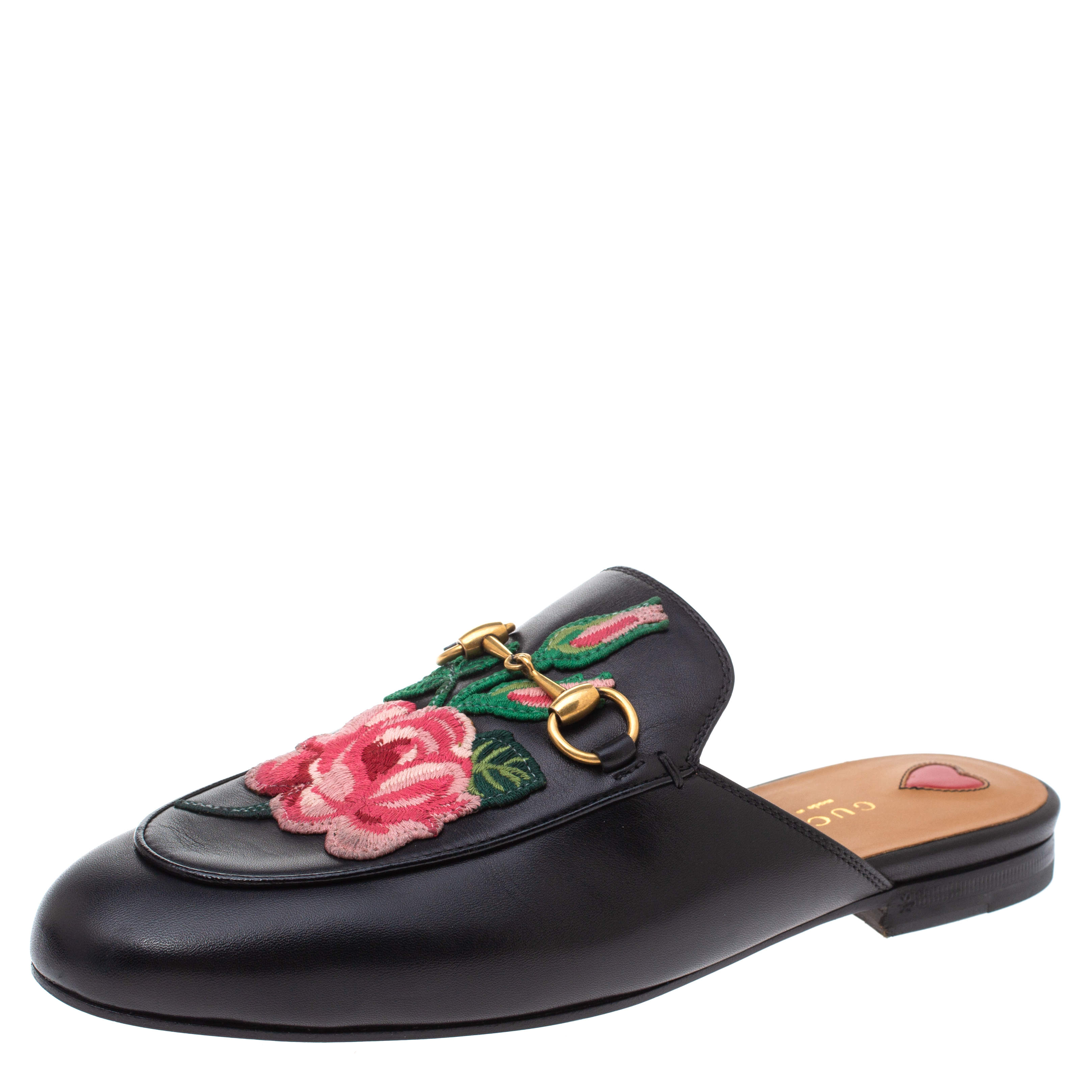 Gucci Black Leather Princetown Flower Embroidered Flat Mules Size 37