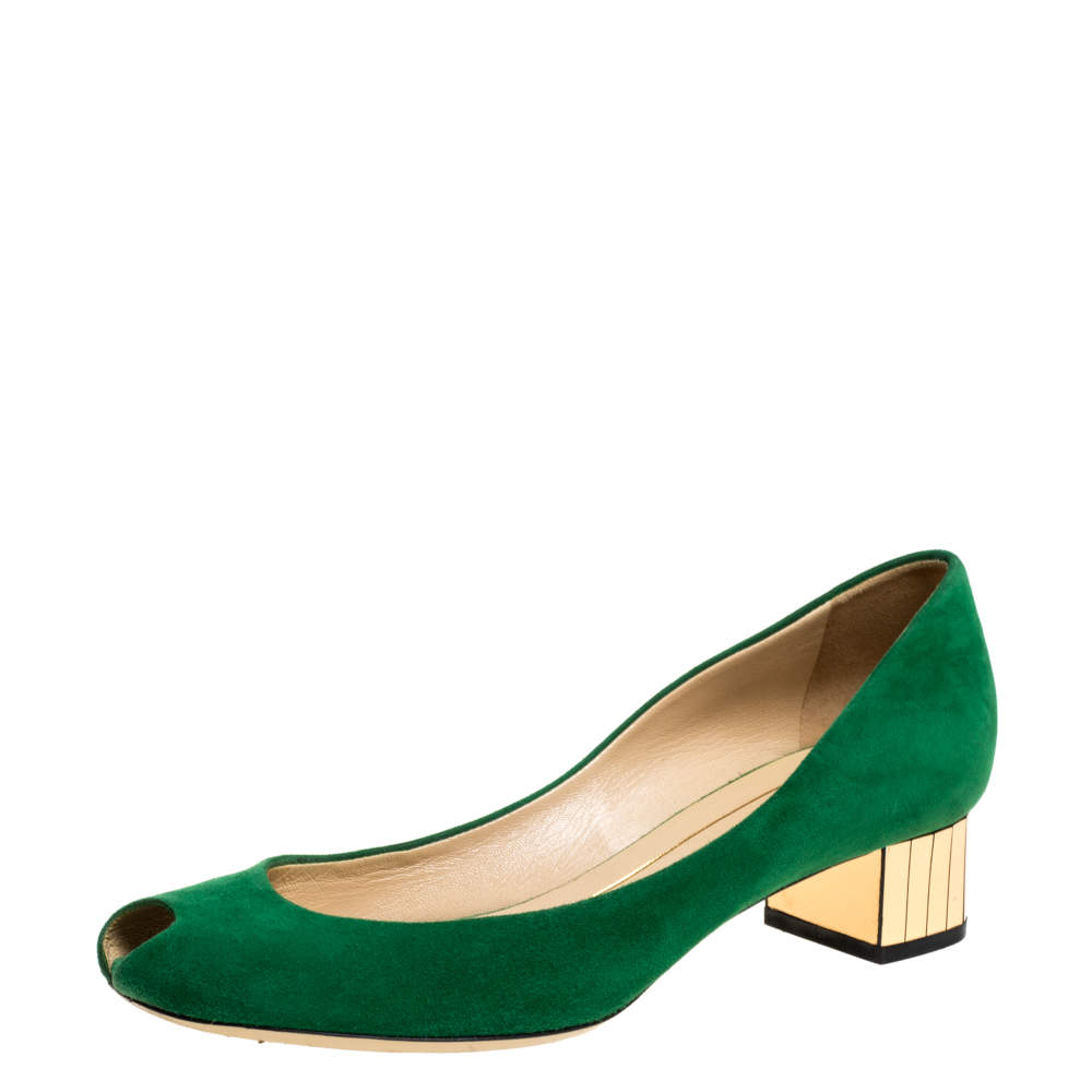 Gucci Green Suede Peep Toe Block Heel Pumps Size 37 Gucci | The Luxury
