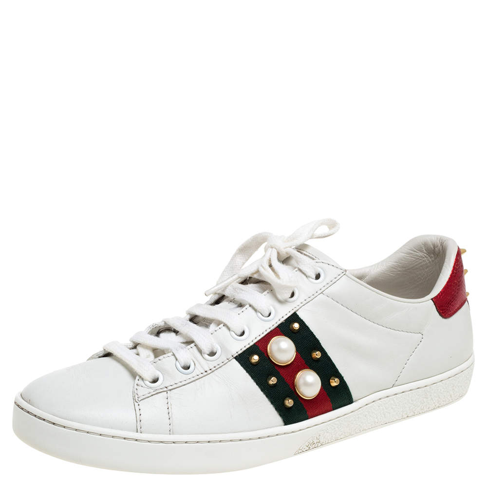 Gucci White Leather Ace Faux Pearl Embellished Studded Low Top Sneakers Size 38