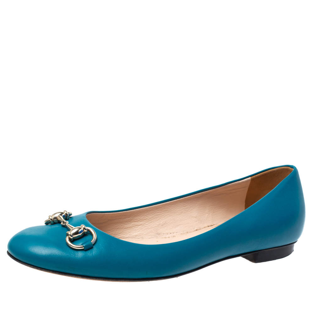 Pre Owned حذاء باليرينا فلات غوتشي مزين هورسبيت جلد أزرق مخضر مقاس 38