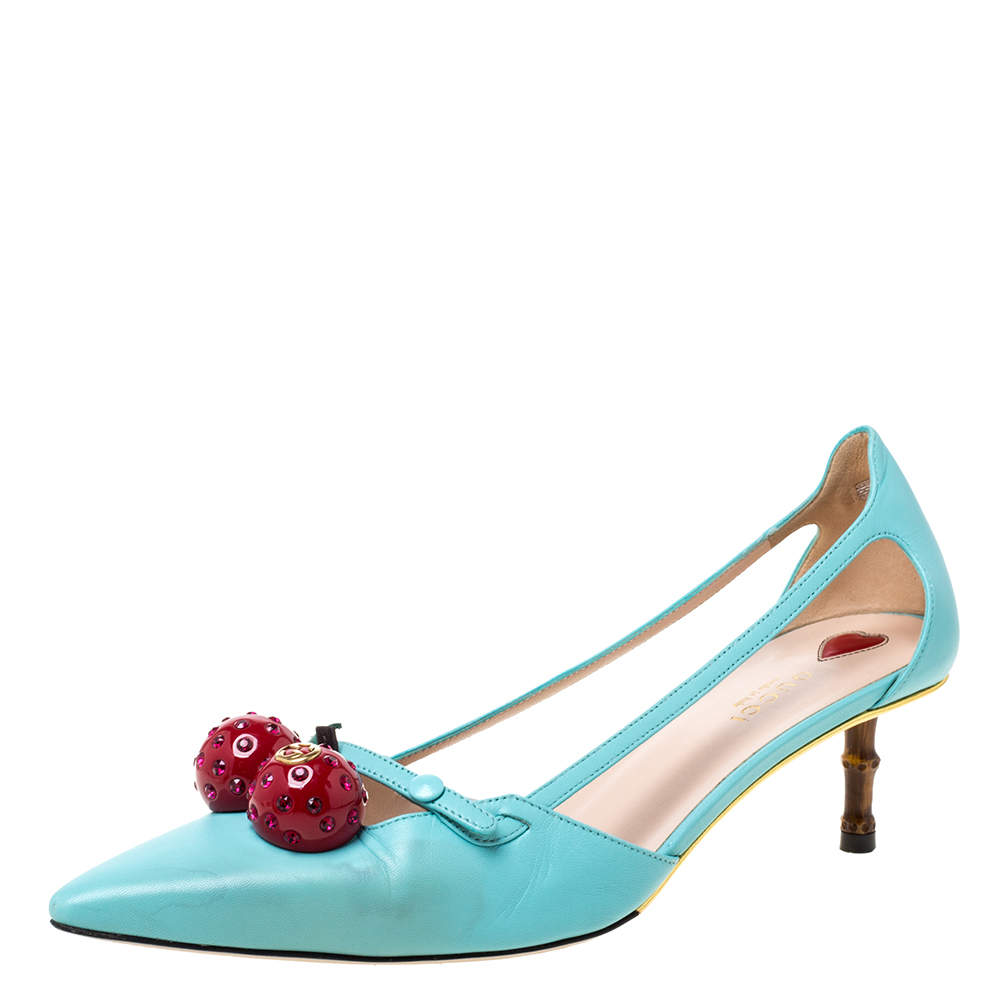 Gucci Mint Green Leather Unia Cherry Pointed Toe Pumps 40