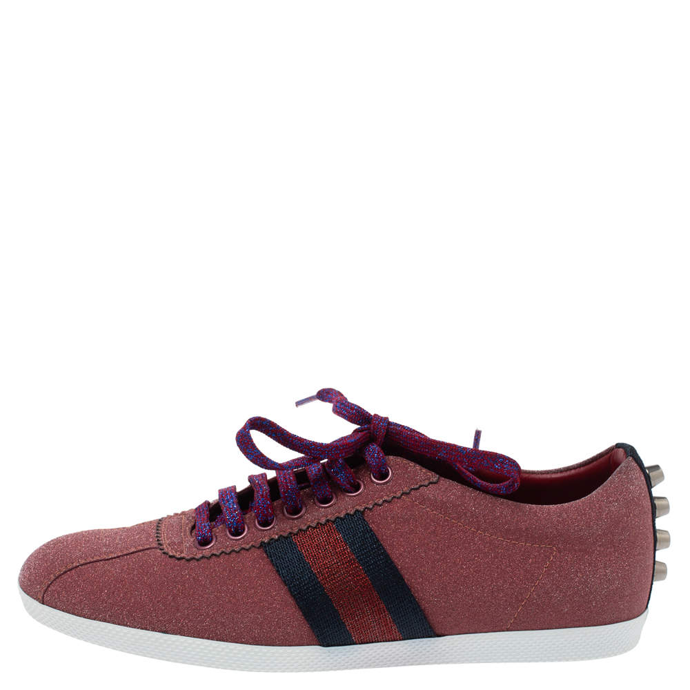 Pre Owned Gucci Pink Glitter Bambi Web Studded Sneakers Size 37