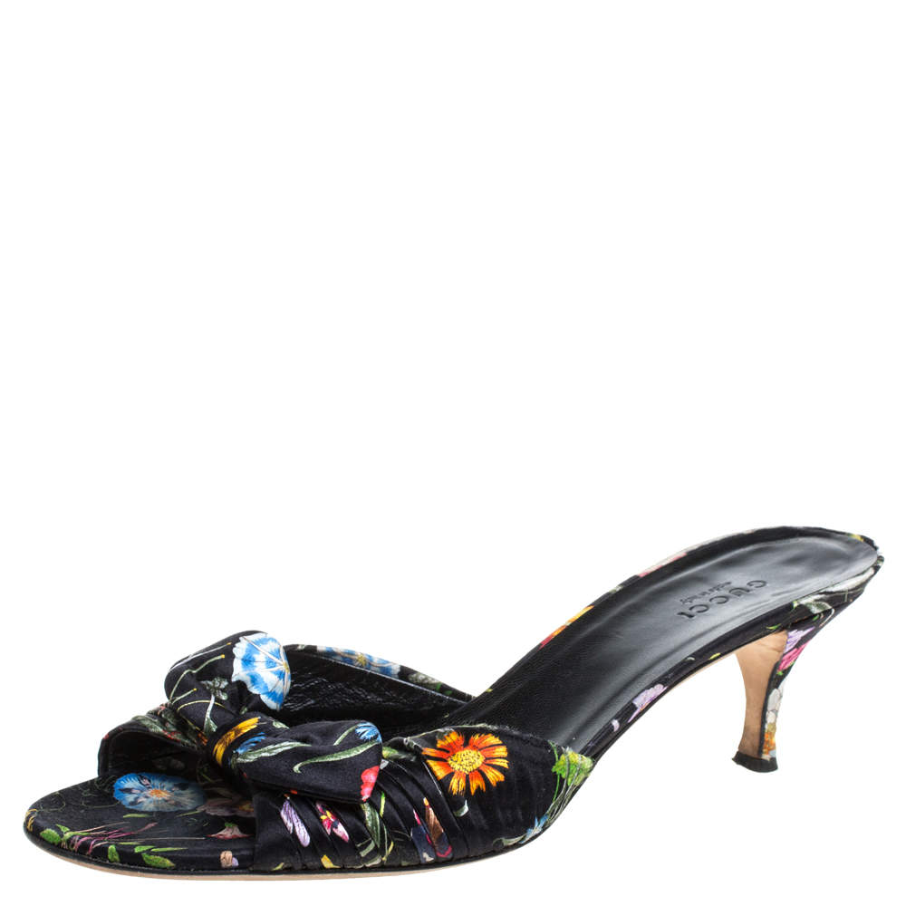 Gucci Black Floral Print Satin Bow Open Toe Sandals Size 37.5