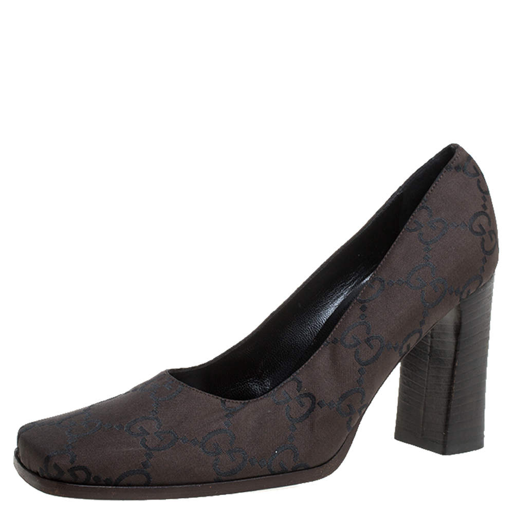 Pre Owned حذاء كعب عالي غوتشي مقدمة مربعة كانفاس غوتشيسيما مونوغرامي بني و أسود مقاس 37