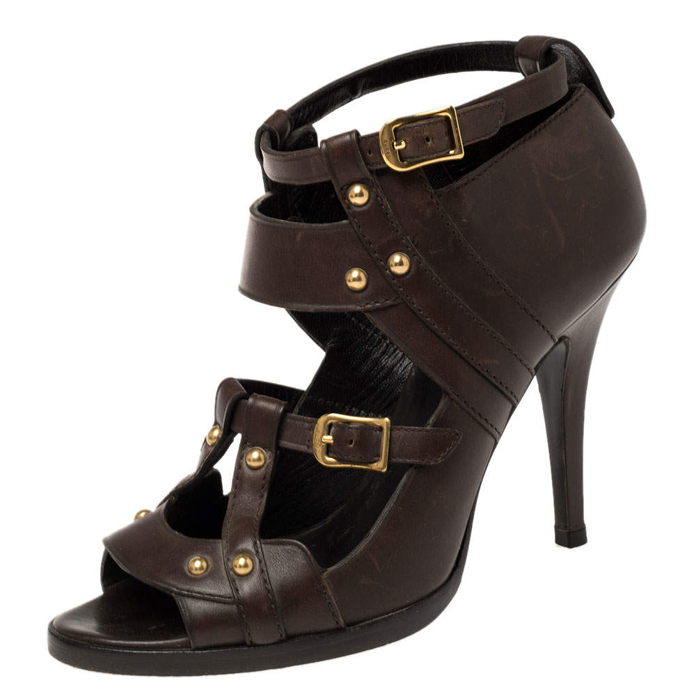 Gucci Dark Brown Leather Strappy Ankle Strap Sandals Size 38