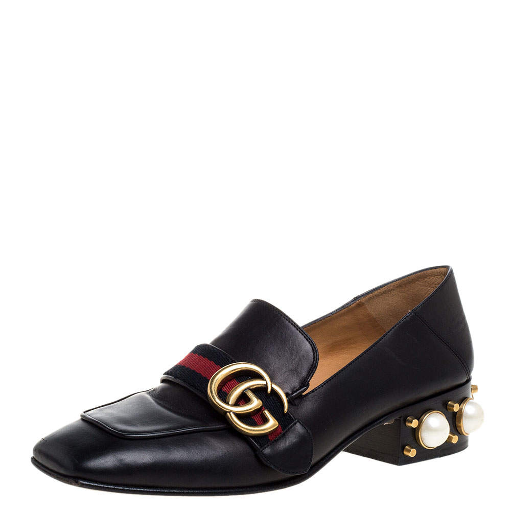 Pre Owned Gucci Black Leather Peyton Loafer Pumps Size 36