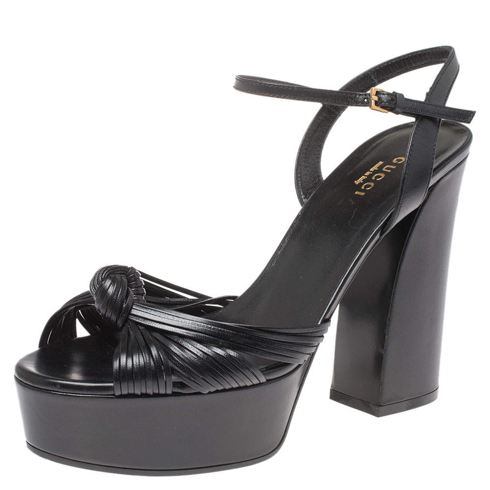 Pre Owned صندل غوتشي "الي" سير كاحل جلد أسود مقاس 37