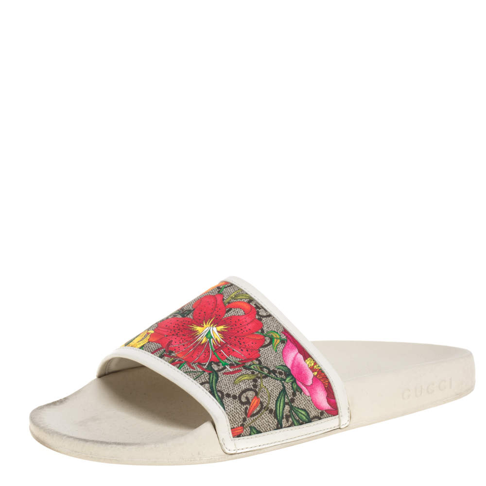 Gucci Multicolor Coated Canvas GG Blooms Supreme Slide Sandals Size 39