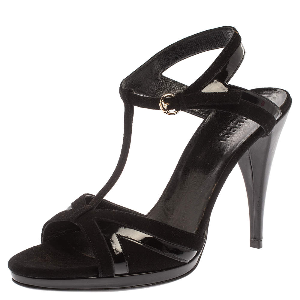 مملوكة مسبقًا صندل غوتشي سير تي جلد لامع وسويدي أسود مقاس 36.5